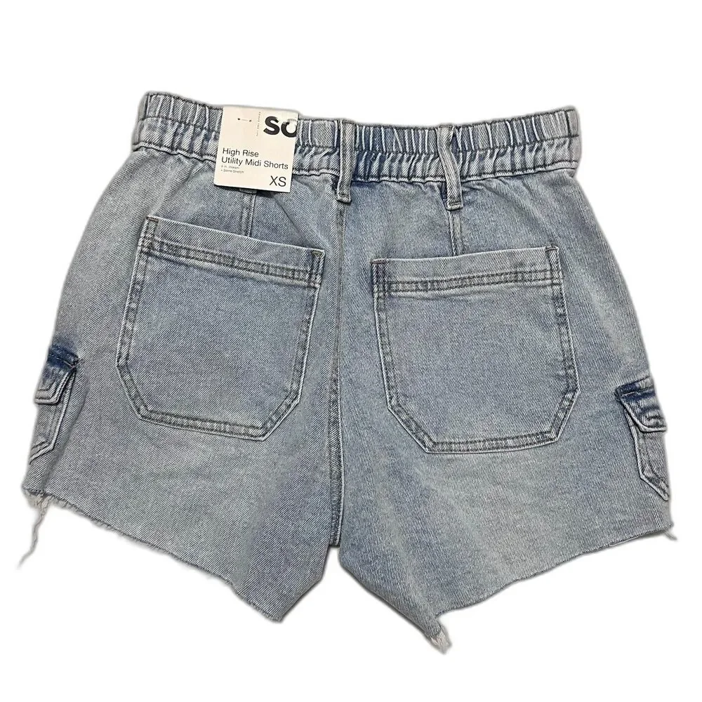 SO High Rise Utility Denim Jean Shorts XS Raw Hem Casual Stretchy Pockets - Picture 2 of 4